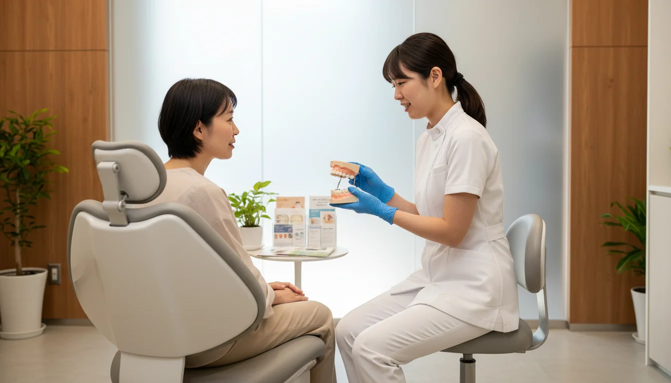 診療台のそばで口腔内の状態を確認しながら説明する歯科医師と患者